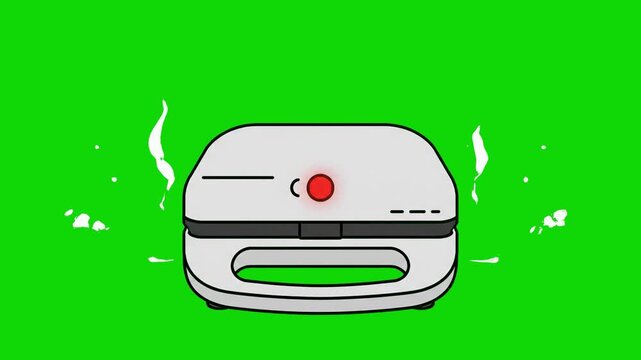 A white kitchen sandwich toaster with a glowing red indicator light and rising heat vapor steam. This clean 2D vector animation on a green screen backdrop is designed for cooking tutorials, breakfast 