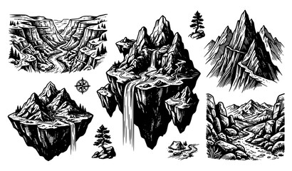 Engraved mountain wilderness landscape with floating islands river valley and waterfall vector art © HoriProshad