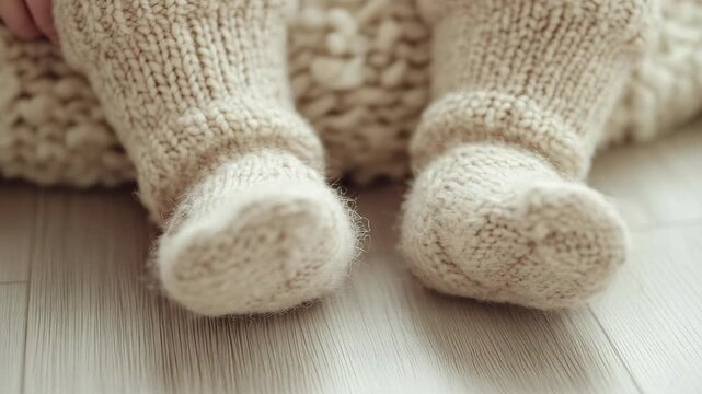 Small baby feet are shown wearing soft knitted socks. The feet rest on a cozy blanket. Hands gently adjust the socks. The focus is on warmth and comfort