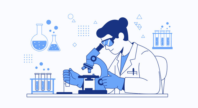 Scientist using microscope in laboratory, conducting research with test tubes and beakers, scientific discovery