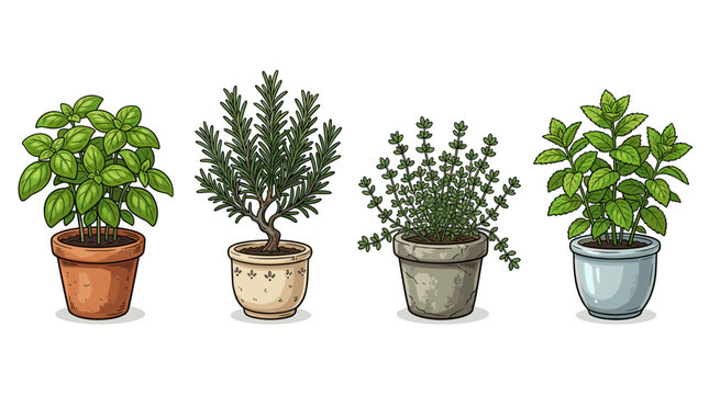 vector cartoon herb garden set with basil rosemary thyme and mint in terracotta pots