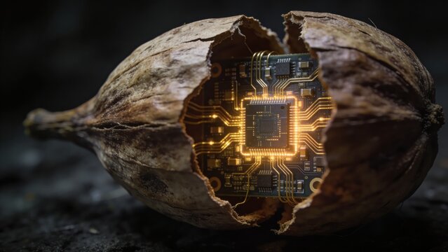 Futuristic conceptual model of a walnut shell opening to reveal a glowing CPU computer chip. Bionic brain concept.