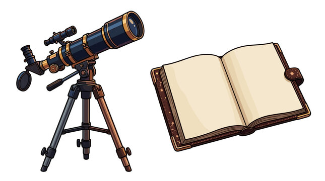 vector cartoon astronomy set with vintage telescope on tripod and open leather journal