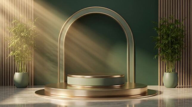 Green and Gold Product Display Podium with Bamboo