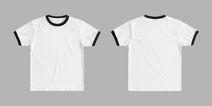 Blank white ringer t-shirt with black trim, front and back views, isolated on a grey background.