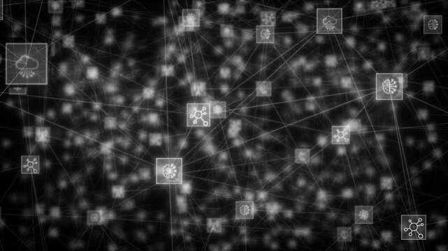 white color glowing nodes connected by lines digital document and cloud storage futuristic design black technology 3D background