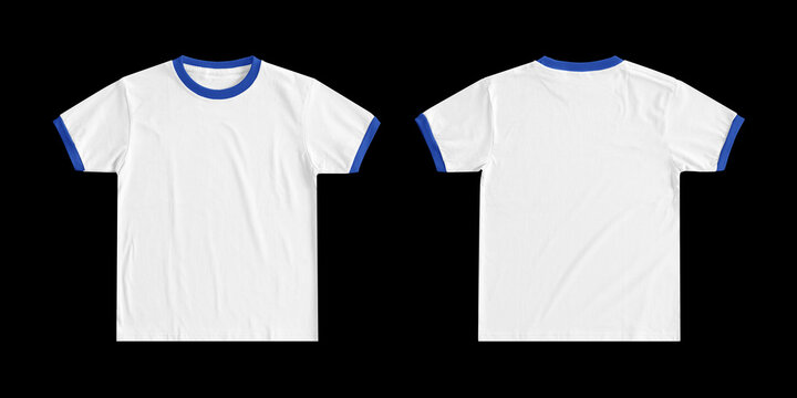 Front and back views of a blank white ringer t-shirt with blue trim, isolated on a black background.