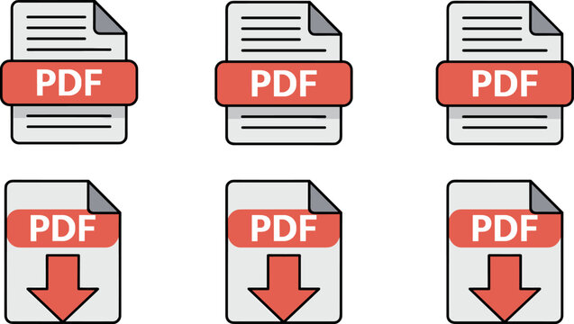 PDF file document icon set with download arrow and paper sheet symbols in red and white flat vector style for web design