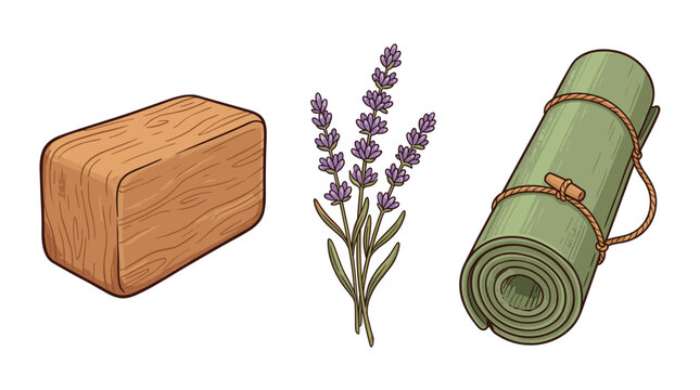 vector cartoon yoga wellness set with wooden block lavender bundle and rolled exercise mat
