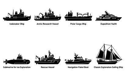 Polar exploration vessel silhouette vector set with arctic ships icebreakers and navigation boat icons © Md