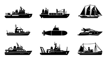 Minimal polar vessel silhouette vector set with arctic exploration ships and navigation boat icons © Md