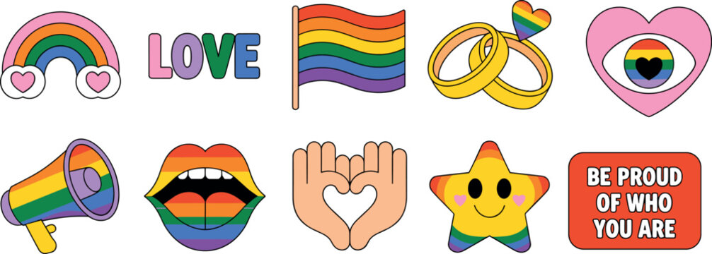 LGBTQ pride month sticker set featuring rainbow flag hearts wedding rings megaphone and inspirational quote for equality and diversity celebration