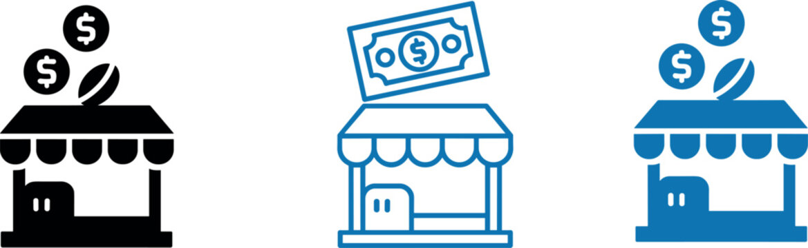 Storefront shop icon set with dollar coins and money bill symbols in flat black and blue outline styles for retail business