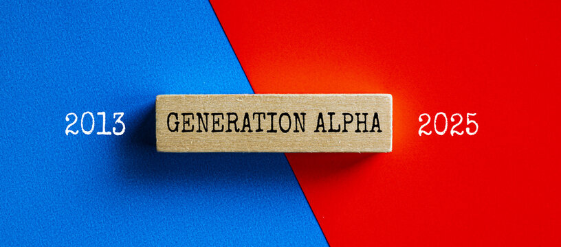 Generation Alpha label on blue and red diagonal background with years 2013 and 2025, generational identity and demographics concept
