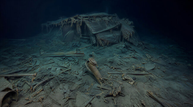 mysterious underwater shipwreck scene