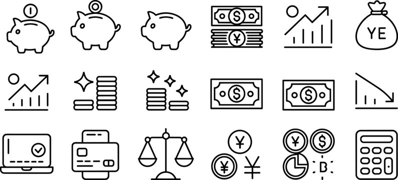 Financial and economy icon set with piggy bank money stacks credit card calculator and growth charts in yellow
