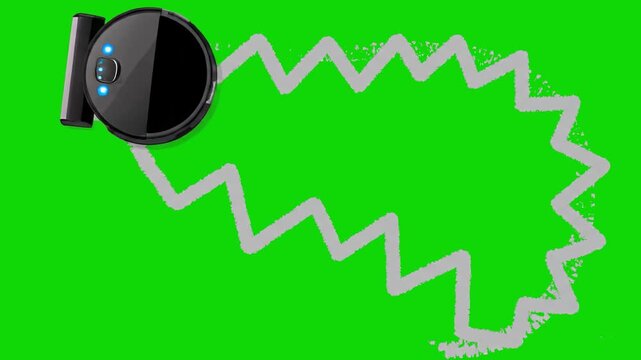 A side view of a black robotic vacuum cleaner moving along a white zigzag path on a bright green chroma key background. This domestic cleaning appliance asset is designed for efficient motion graphic 