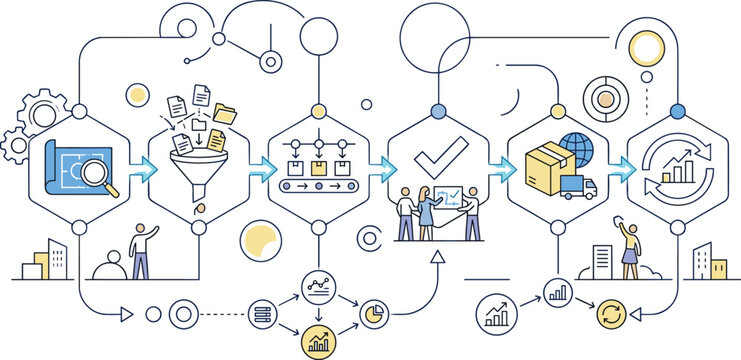 Digital Business Workflow Illustration with Process Automation Data Integration Financial Analytics Operations and Strategy Icons for Web Application UI Design