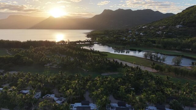 Magnificent views of Le Morne mountain at sunset. Mauritius Island