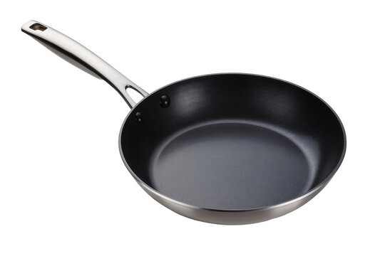 Isolated empty shiny stainless steel frying pan with dark non-stick coating kitchenware
