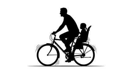 Fototapeta premium Silhouette of a father helping his young child ride a bicycle at sunset.
