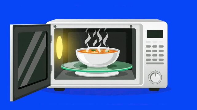 A kitchen microwave oven with an open door showing a hot, steaming bowl of soup rotating inside against a solid blue backdrop. This flat vector graphic is great for quick lunch, food prep, and domesti
