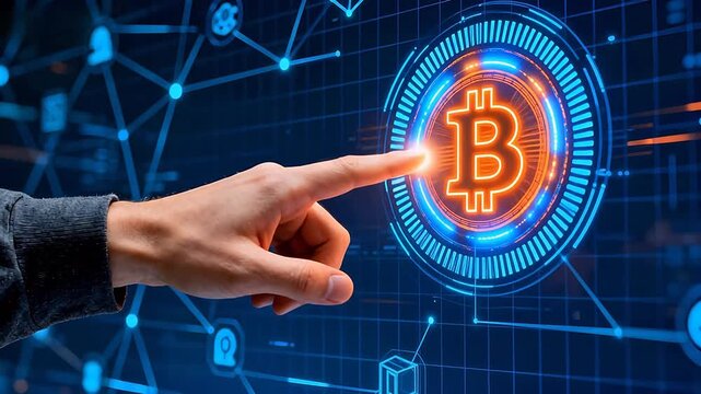 Hand touching digital bitcoin symbol