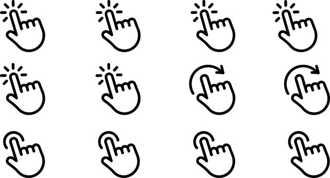 Set of black outline hand cursor icons featuring click tap and swipe touch gestures for mobile application and web interface design