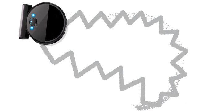 A black smart robotic vacuum cleaner driving across the screen, leaving clean zig-zag track marks on a white floor surface. Ideal flat vector asset for smart home automation, housekeeping services, an