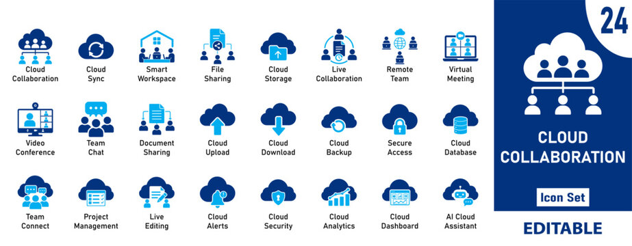 Cloud Collaboration Icons Set for Remote Work, Team Chat, Virtual Meeting, Cloud Storage, AI Assistant, Analytics Dashboard, File Sharing Editable Flat Vector UI Elements