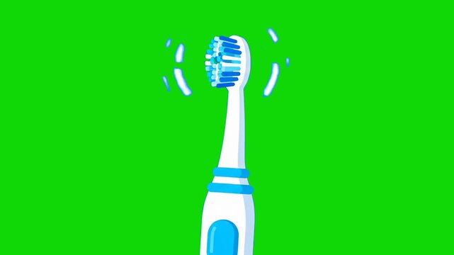A modern white and blue electric toothbrush head vibrating rapidly against a solid chroma key background. This 2D flat vector animation is perfect for dental care explainer videos, morning routine vis