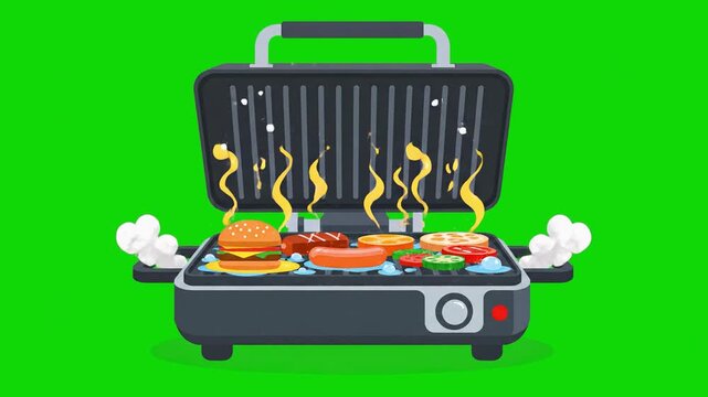 An open electric tabletop grill sizzling with smoking burgers, sausages, and vegetables inside. This 2D vector animated graphic element is perfect for summer barbecue, cooking, and kitchen appliance t