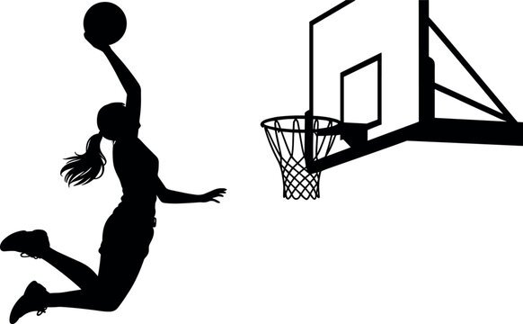 Female basketball player jumping for layup silhouette vector illustration with hoop and backboard isolated on white for womens sports competition design