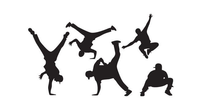 Breakdance dancers silhouettes set showing dynamic hip hop street dance moves and athletic urban performance poses for design.