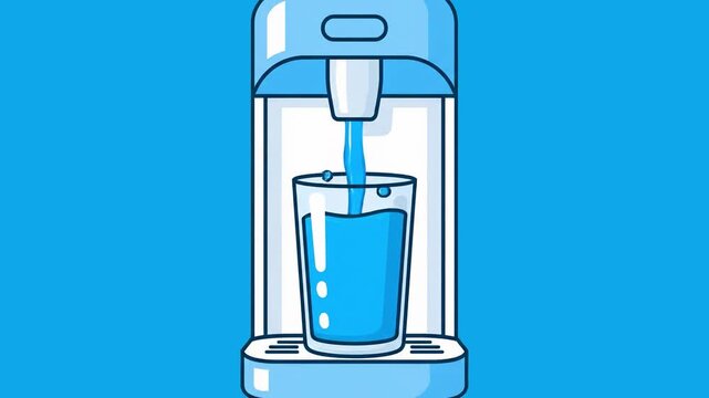 A 2D flat animation of an office water cooler dispenser pouring dynamic splashes of blue water into a transparent drinking glass. This vibrant corporate graphic asset is optimized for office refreshme