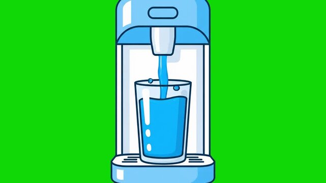 A white office water cooler dispenser pouring fresh blue water that splashes into a glass. This flat 2D vector animation on a chroma key background is ideal for office life, hydration, and healthy lif