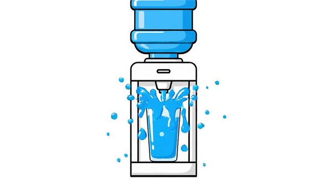 A simple 2D vector graphic of a desktop water dispenser pouring fresh blue water into a transparent glass. This household appliance asset is isolated on a clean white background, ideal for kitchen or 