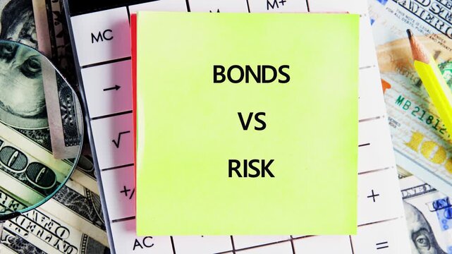 Explaining the financial concept of bonds compared to investment risk. This presentation features US dollar bills a calculator and sticky notes