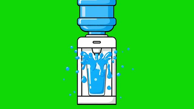 A white office water cooler dispenser pouring fresh blue water that splashes into a glass. This flat 2D vector animation on a chroma key background is ideal for office life, hydration, and healthy lif