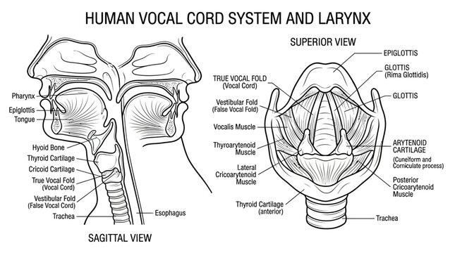 Detailed Diagram of Human Vocal Cord System and Larynx in Sagittal and Superior Views.
