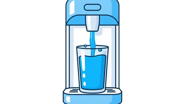 A simple 2D vector graphic of a desktop water dispenser pouring fresh blue water into a transparent glass. This household appliance asset is isolated on a clean white background, ideal for kitchen or 