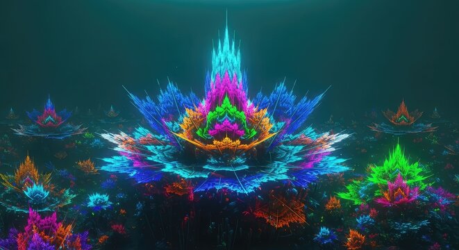 Vibrant underwater landscape featuring complex fractal formations shaped like glowing coral reefs, blooming with neon colors and light, nature, vivid, ocean