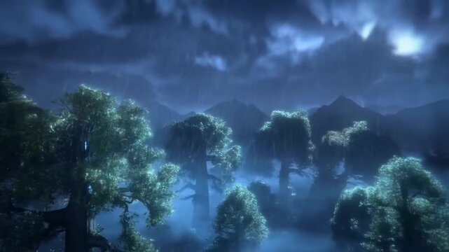 Slow motion aerial pan of lightning striking forest trees with rain in misty mountain wilderness at night