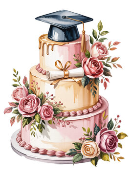 A three-tiered cake adorned with pink roses and a graduation cap. The cake has a playful white background, adding a celebratory feel.