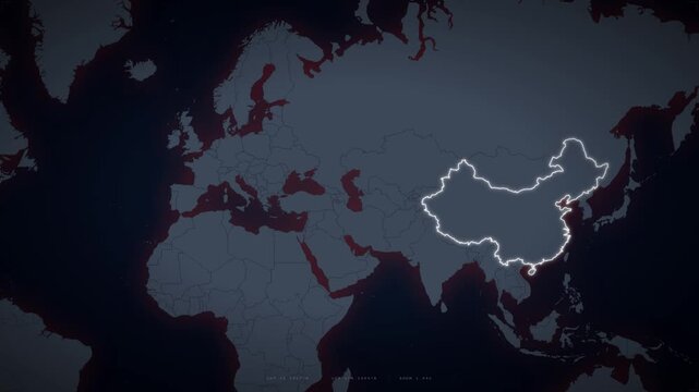 Digital interactive map interface highlighting the country of China with national flag and city.
