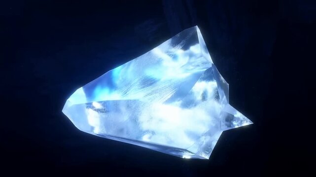Slow motion tracking shot of floating crystal rotating in dark cave interior with blue glowing translucent surfaces