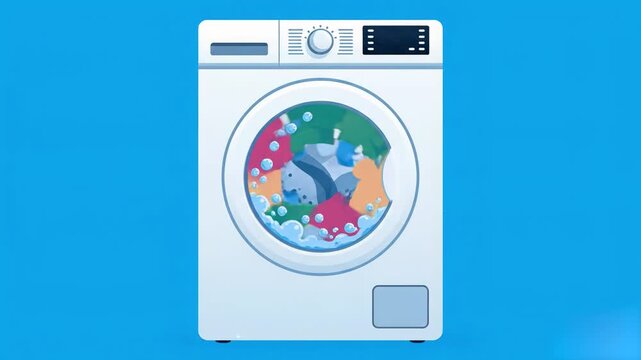 A front-loading white washing machine with a rotating drum full of soapy water and tumbling colorful clothes. A clean 2D vector graphic asset for housekeeping services, laundry detergents, and smart h