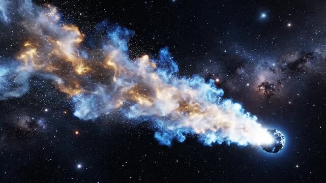 Glowing rocky asteroid traveling through deep space while emitting a brilliant trail of ionized gas and bright blue plasma clouds in this cinematic 4k motion video clip of cosmic travel