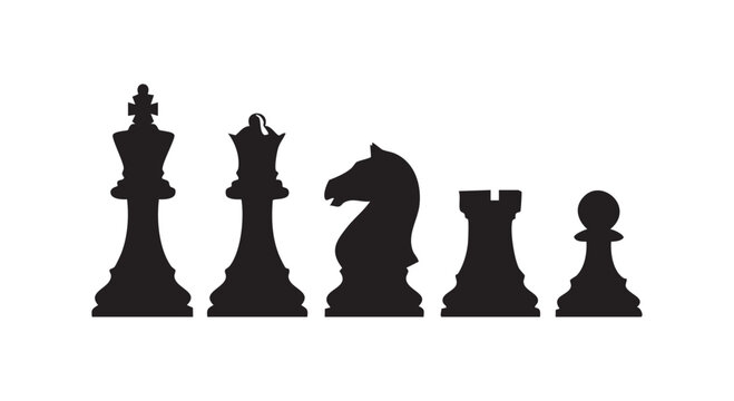 Chess pieces silhouette set including king queen knight rook and pawn figures for strategy game competition and logic concept.