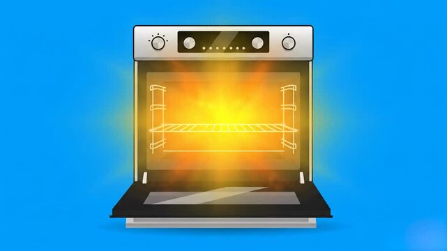 A kitchen oven open and emitting a strong bright yellow and orange heat glow. This flat vector animation is perfect for themes of baking, cooking, household appliances, and culinary arts.